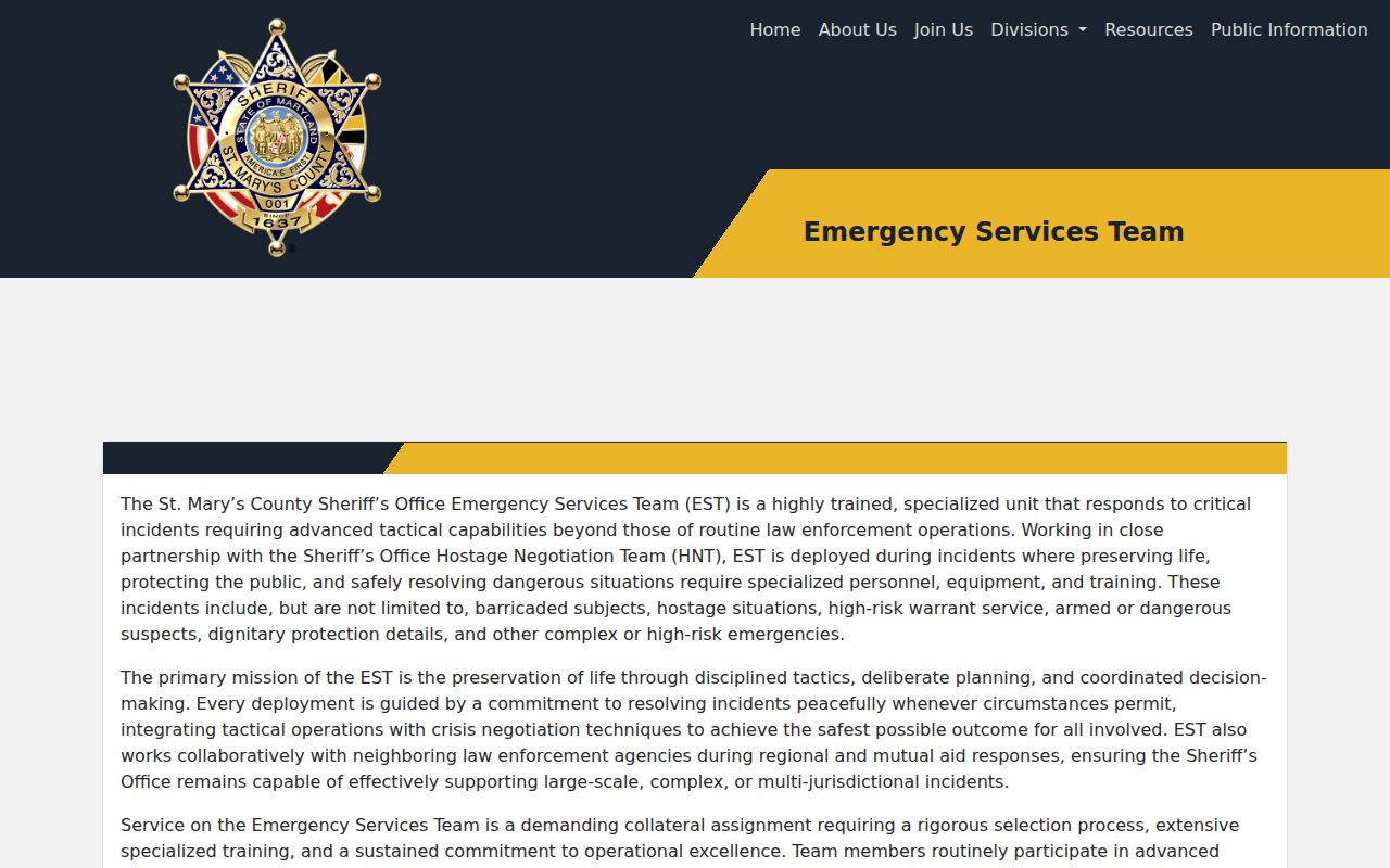 St. Mary's County Emergency Services Team page describing high-risk warrant service capability