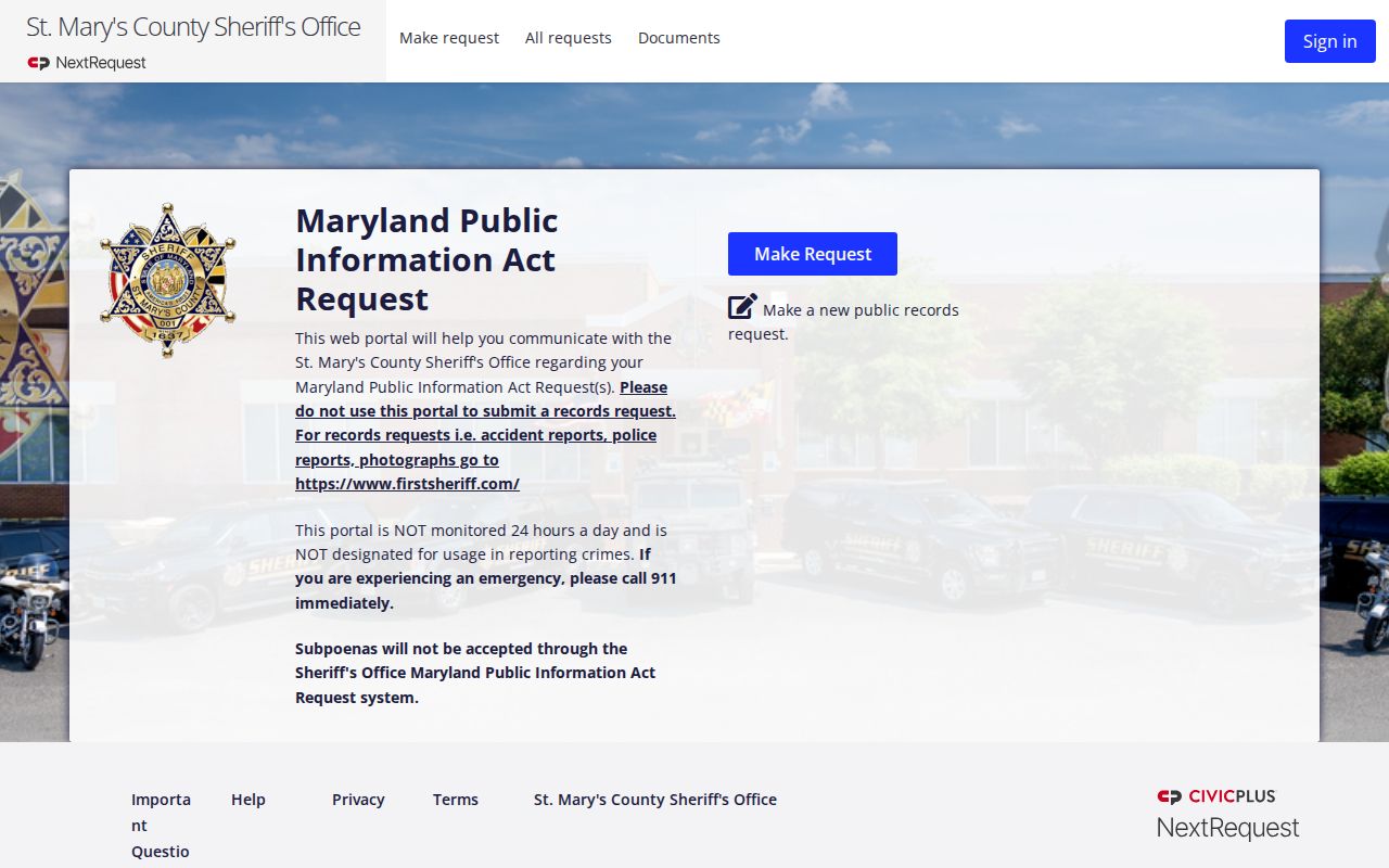 St. Mary's County Sheriff records request portal used to ask for releasable warrant documents