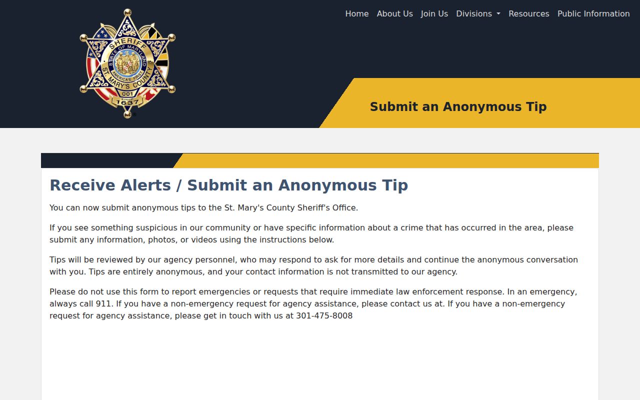 Anonymous tip methods and non-emergency notice for St. Mary's County warrant records