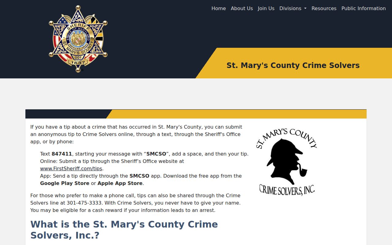Crime Solvers program page for St. Mary's County warrant records and anonymous tips