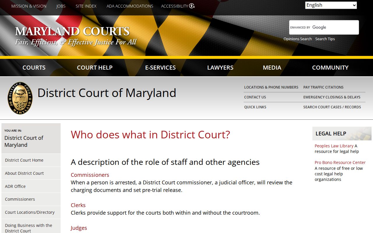 Maryland court system diagram showing a commissioner issuing a summons or warrant for St. Mary's County warrant records