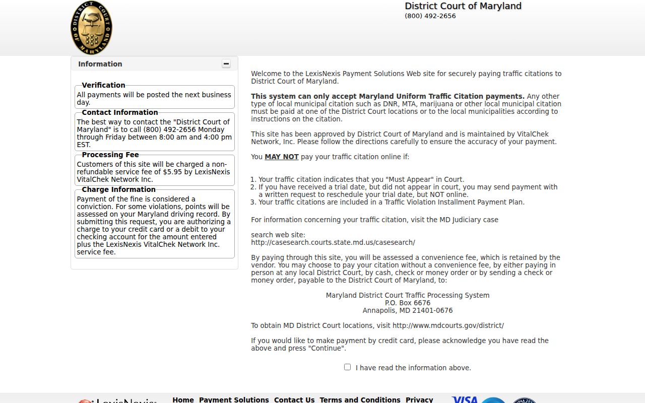Maryland traffic payment acceptance screen and Uniform Traffic Citation scope for St. Mary's County warrant records