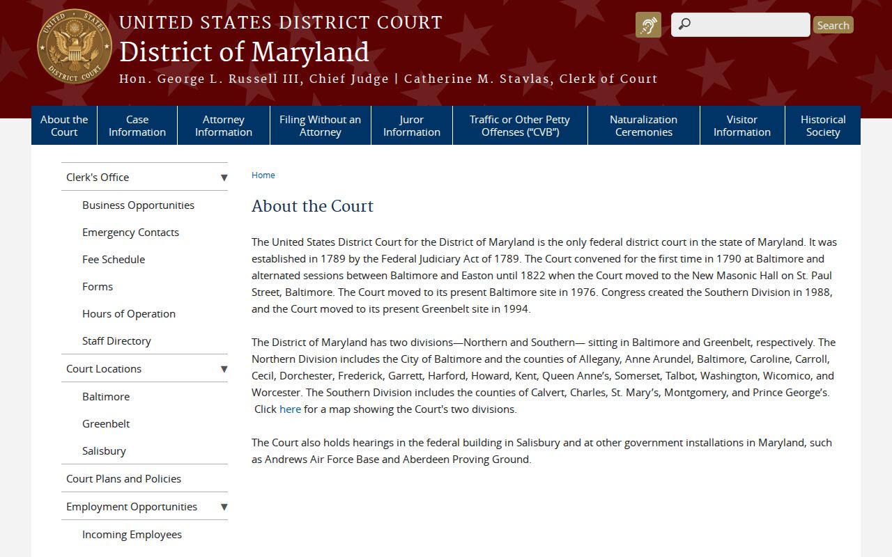 District of Maryland federal court page showing Southern Division coverage that includes St. Mary's County