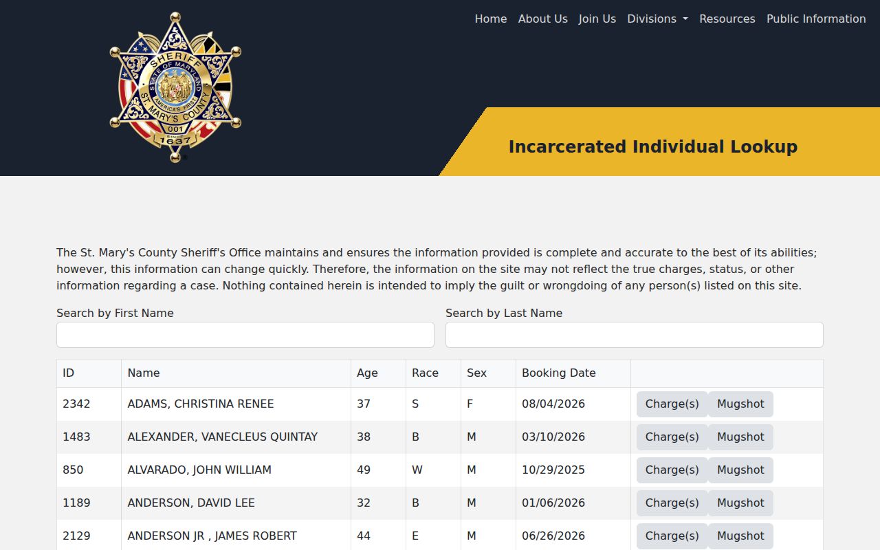 St. Mary's County detention lookup search fields that are not a St. Mary's County outstanding warrant list