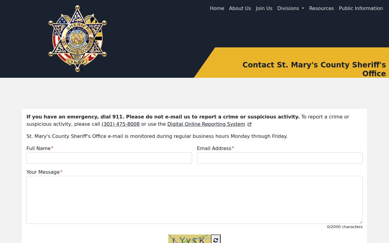 St. Mary's County Sheriff's Office contact page listing headquarters and detention center information