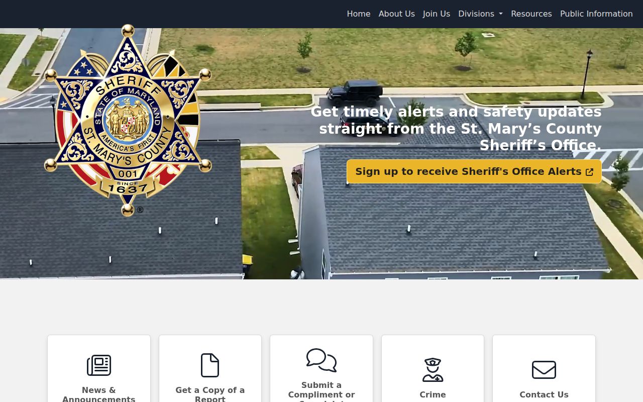St. Mary's County Sheriff's Office website showing public-service navigation and no warrant-list link